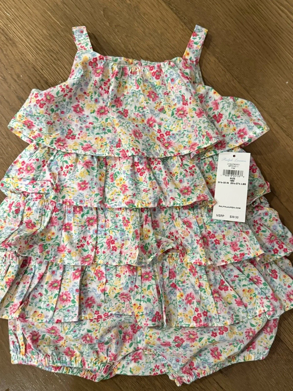 Polo Ralph Lauren Baby Girl Floral Cotton Ruffle Tiered Romper Bubble - 18 mo